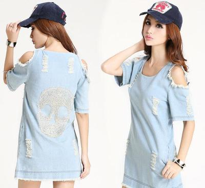 時尚新潮，批發優選 骷髏頭寬松露肩水洗牛仔連衣裙解析