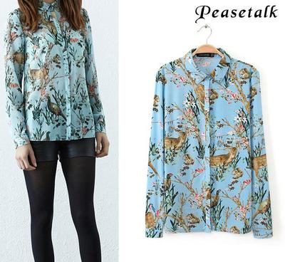 梅花鹿印花人棉長袖女式襯衫 2015春季外貿新款，工廠直銷批發優勢解析